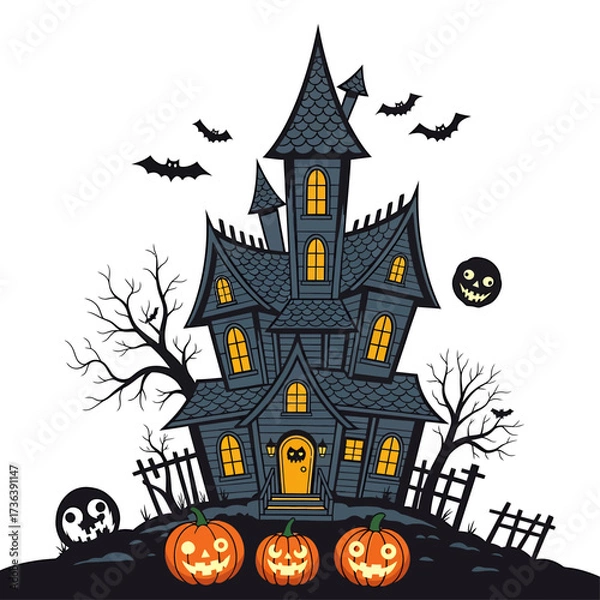 Fototapeta Spooky haunted house with glowing windows, bats, and jack-o'-lanterns on Halloween night.