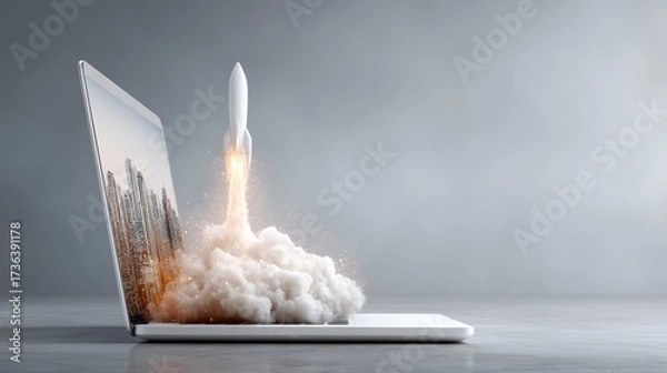 Fototapeta A Modern Laptop Igniting the Skies: A Rocket Launching from Its Screen Captured in a Stunning Conceptual Image