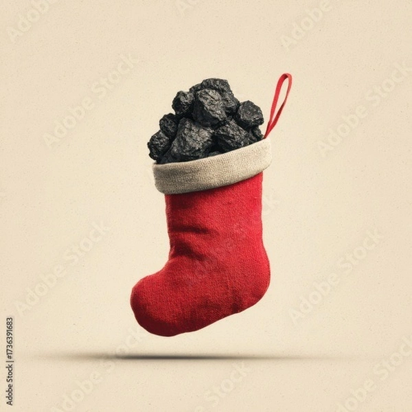 Obraz Bright red stocking filled with coal hanging in a minimalist festive setting during the holiday season