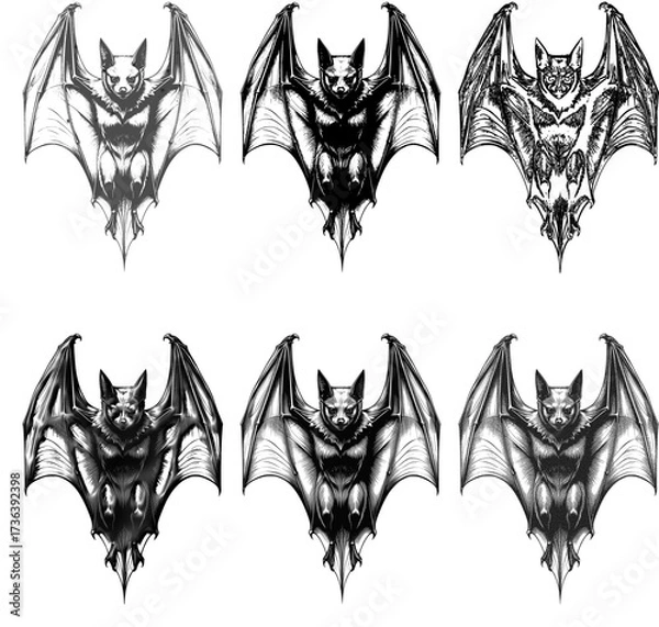Fototapeta Set of bat illustrations in gothic black and white style with multiple variations. Perfect for use in tattoo design, gothic artwork, Halloween decorations, rock and metal band posters