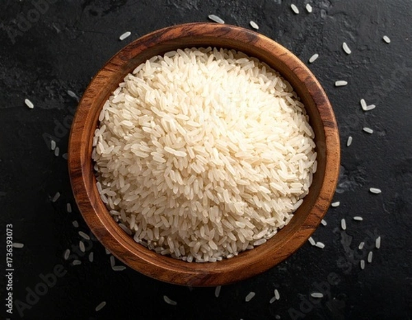 Fototapeta Uncooked White Long Grain Rice in Wooden Bowl on Dark Textured Background

