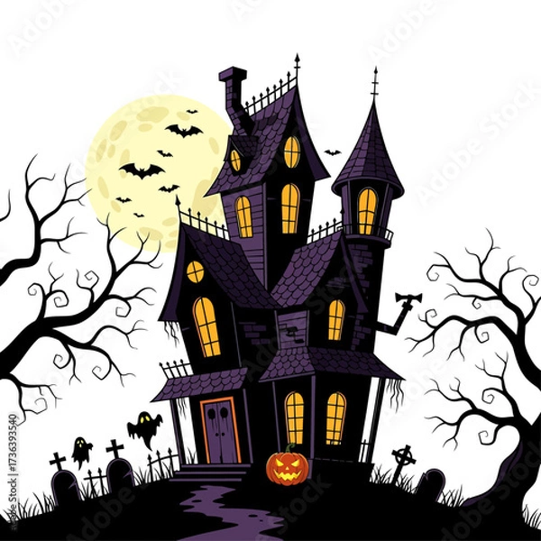 Fototapeta Spooky haunted mansion under a full moon with bats and ghosts on Halloween night
