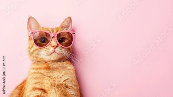 Fototapeta Adorable ginger cat wearing pink sunglasses against a pastel background, perfect for creative advertising, social media content, and playful digital marketing designs