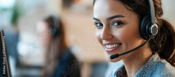 Fototapeta Smiling customer support specialist with headset in a modern call center, ideal for IT service presentations, customer care visuals, and digital marketing use