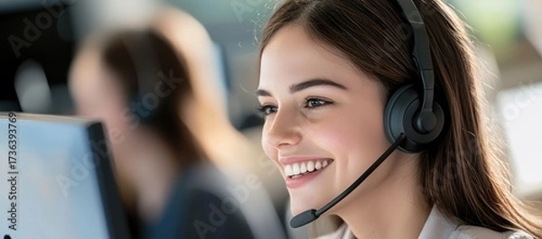 Fototapeta Smiling female customer support agent with headset working in a modern call center, ideal for IT service presentations, business websites, and digital marketing use