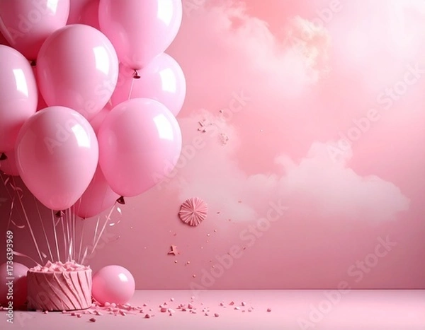 Fototapeta Minimalist Birthday or Celebration Background with Pink Balloons and Copy Space

