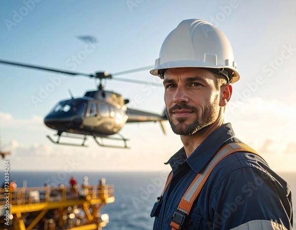 Fototapeta Smiling Oil Rig or Offshore Worker in Hard Hat with Helicopter Landing Background

