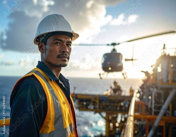 Fototapeta Smiling Oil Rig or Offshore Worker in Hard Hat with Helicopter Landing Background

