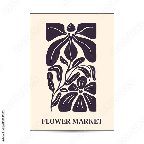Fototapeta Trendy abstract poster design with groovy botanical illustration with nostalgic 70s vibe. Modern style flowers and wavy shapes good for a poster, cover or social media