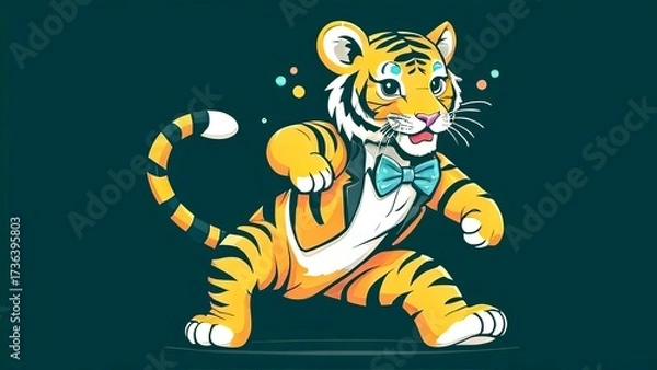 Obraz A cartoon tiger wearing a tuxedo and bowtie walks across a background