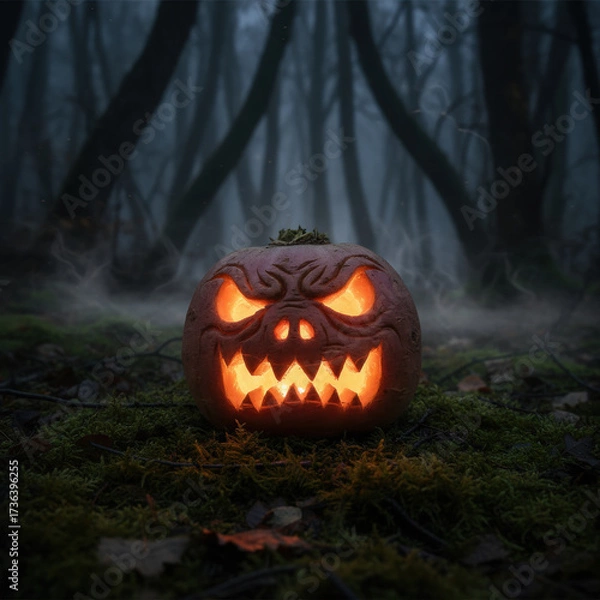 Fototapeta Glowing carved pumpkin with sinister face placed in eerie misty forest at night, surrounded by twisted trees and dense fog