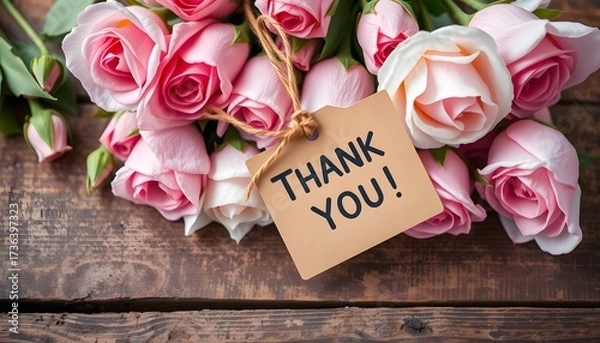 Fototapeta A bouquet of delicate pink roses with a "Thank You!" tag resting on a rustic wooden surface.