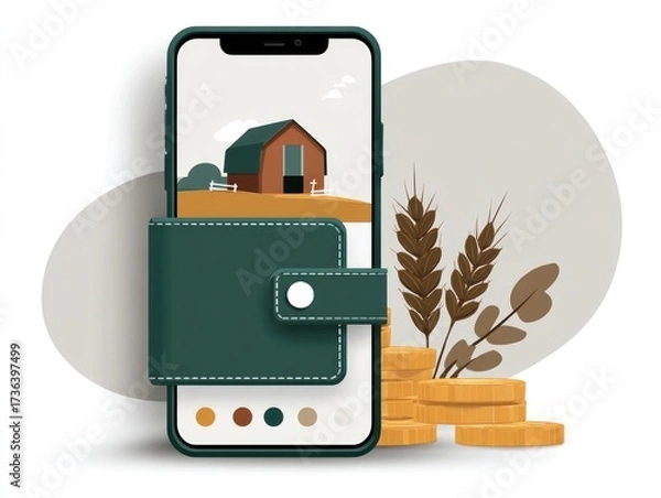 Fototapeta A digital wallet shows a farm scene with gold coins nearby, highlighting finance and agriculture