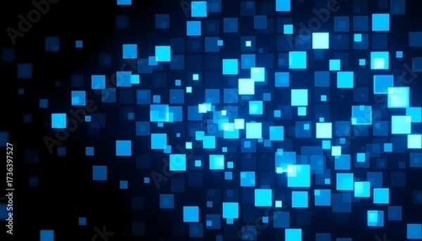 Fototapeta Futuristic digital background with glowing blue squares and particles floating in dark space.