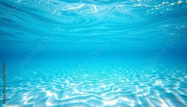 Fototapeta Clear blue ocean water with sunlight shimmering on the sandy seabed, creating beautiful underwater light patterns.