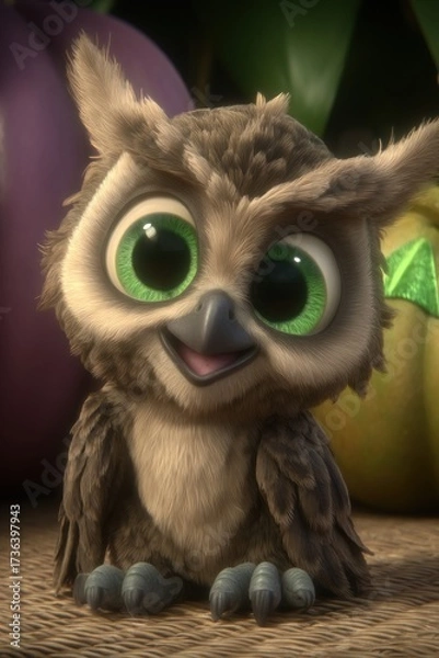 Fototapeta In a foggy forest, a cheerful animated owl with big green eyes hoots softly, creating a calm, mystical vibe