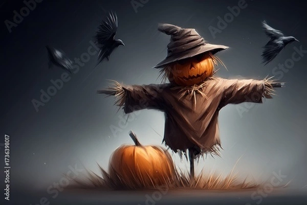 Fototapeta In a moonlit pumpkin patch, a scarecrow looms among swirling autumn leaves, setting a spooky Halloween scene