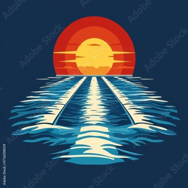 Obraz Sunset over water with boat wake carving through calm ocean waves at dusk