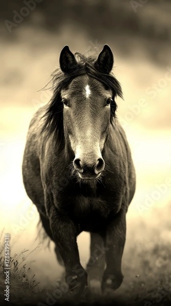 Obraz Wild horse galloping across an open field at dawn, showcasing strength and beauty of nature