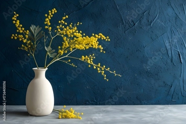 Fototapeta Simple vase with yellow flowers against a deep blue backdrop