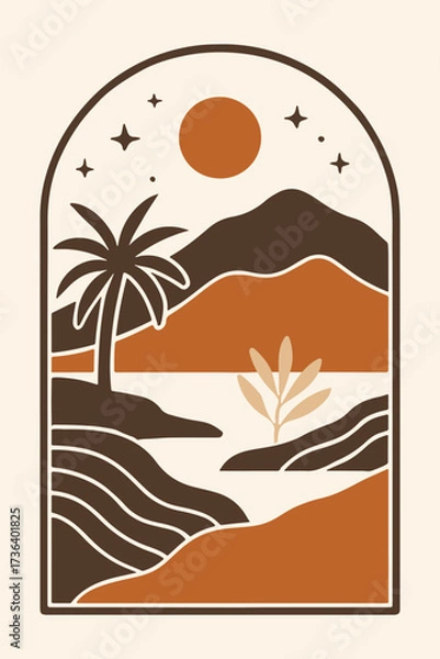 Fototapeta Dreamy tropical escape with palm trees, mountains, and starry skies in warm earth tones