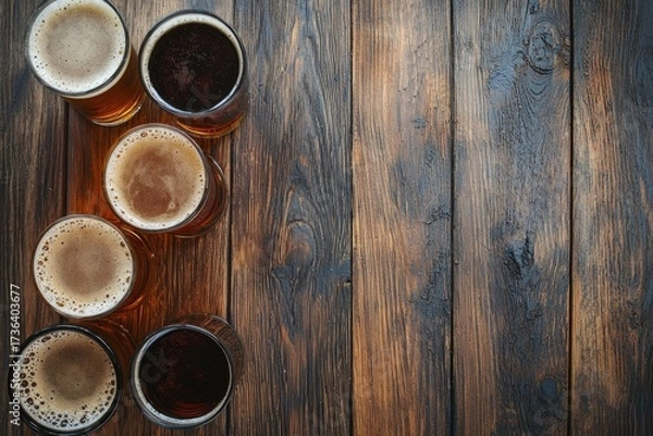 Fototapeta Top view of multiple craft beer glasses with foam on rustic wooden table background, ideal for pub menus, brewery promotions, restaurant advertising, and digital marketing visuals