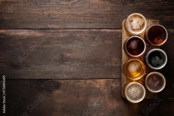 Fototapeta Top view of assorted craft beer glasses arranged on wooden board with rustic table background, perfect for bar menus, brewery promotions, restaurant advertising, and digital marketing