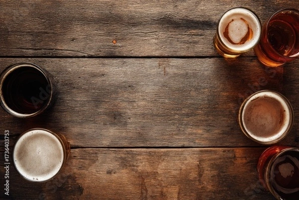 Fototapeta Top view of various craft beer glasses with foam on rustic wooden table background, perfect for bar menus, brewery promotions, restaurant advertising, and digital marketing
