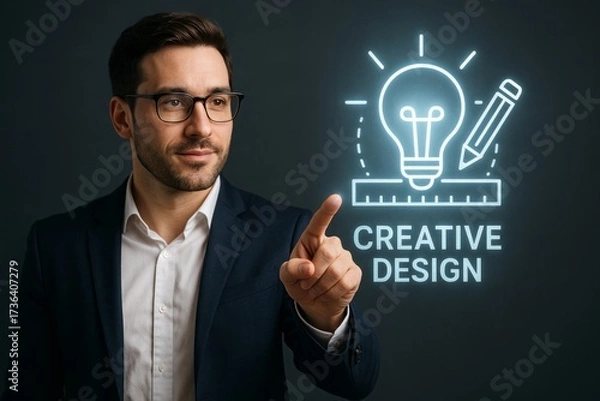 Fototapeta Man in a suit is pointing at a screen with the words Creative Design. The image is bright and colorful, with a light bulb and a pencil