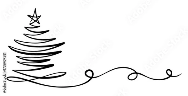 Fototapeta Merry Christmas Border Decoration. Continuous One Line Art, Vector Drawing. Isolated Hand Drawn Outline Curly Flourishes, Long Horizontal Banner