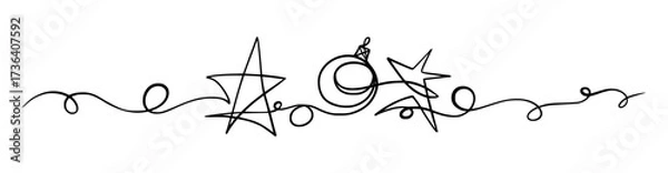 Fototapeta Merry Christmas Border Decoration. Continuous One Line Art, Vector Drawing. Isolated Hand Drawn Outline Curly Flourishes, Long Horizontal Banner