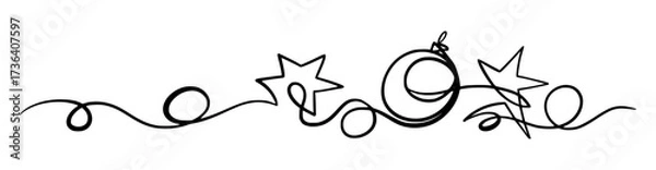 Fototapeta Merry Christmas Border Decoration. Continuous One Line Art, Vector Drawing. Isolated Hand Drawn Outline Curly Flourishes, Long Horizontal Banner