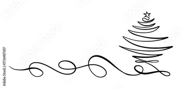Fototapeta Merry Christmas Border Decoration. Continuous One Line Art, Vector Drawing. Isolated Hand Drawn Outline Curly Flourishes, Long Horizontal Banner