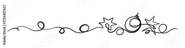 Fototapeta Merry Christmas Border Decoration. Continuous One Line Art, Vector Drawing. Isolated Hand Drawn Outline Curly Flourishes, Long Horizontal Banner