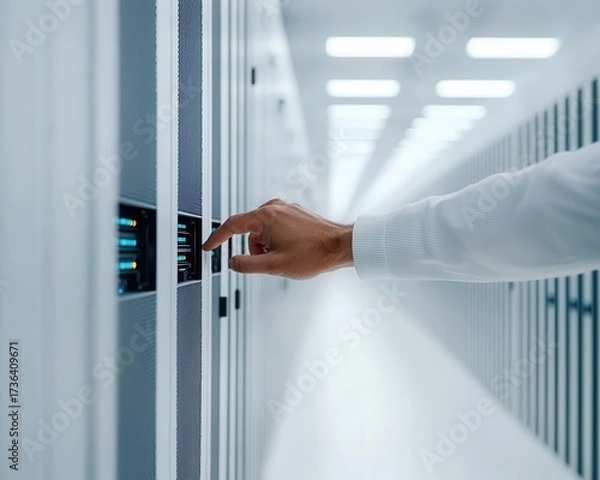 Fototapeta Person accessing secure server in white digital space, minimalist IT visual