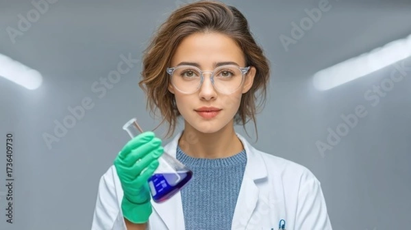 Fototapeta A Focused Female Scientist in Lab Coat and Glasses Conducting Chemical Experiments with Precision and Care