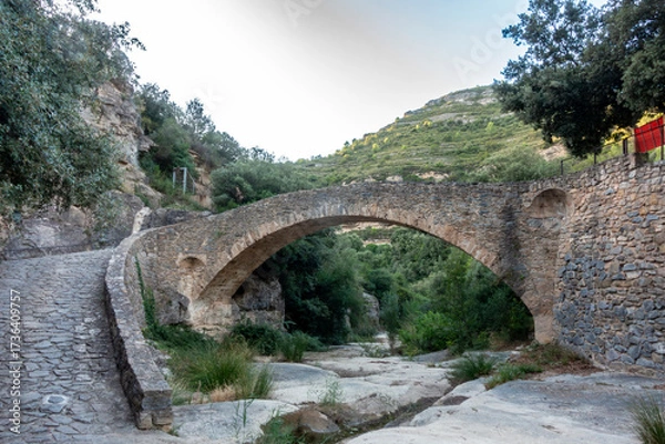 Fototapeta Ancient stone arch bridge of Rossinyol at Sant Miquel del Fai monastery in Catalonia, Spain.