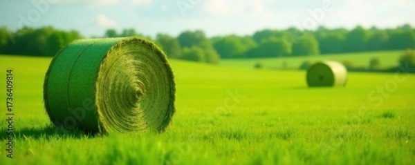 Fototapeta Close-up vibrant green field, round hay bales, soft focus , grass, agriculture