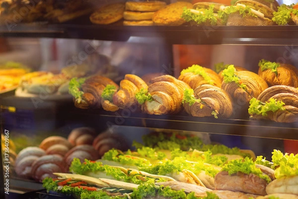 Fototapeta Bakery display case with pastries and sandwiches