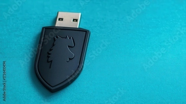 Fototapeta Floating USB drive with shield icon, clean data protection concept