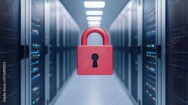 Fototapeta Clean server room with hovering lock symbol, abstract cybersecurity