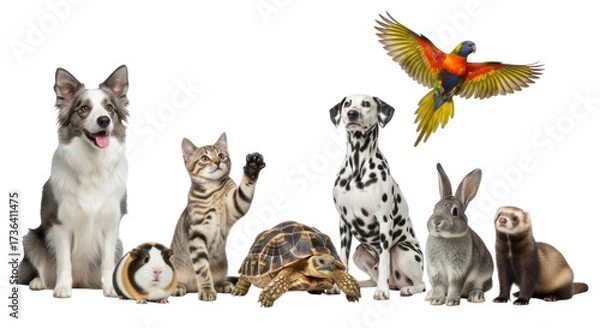 Fototapeta Isolated Group of Domestic Pets with Bird, Dog, Cat, Guinea Pig, Tortoise, Rabbit, Ferret on Display