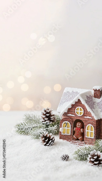 Fototapeta Open-door advent calendar house with chocolate gingerbread man on snowy surface with fir branches and cones bokeh effect copy space
