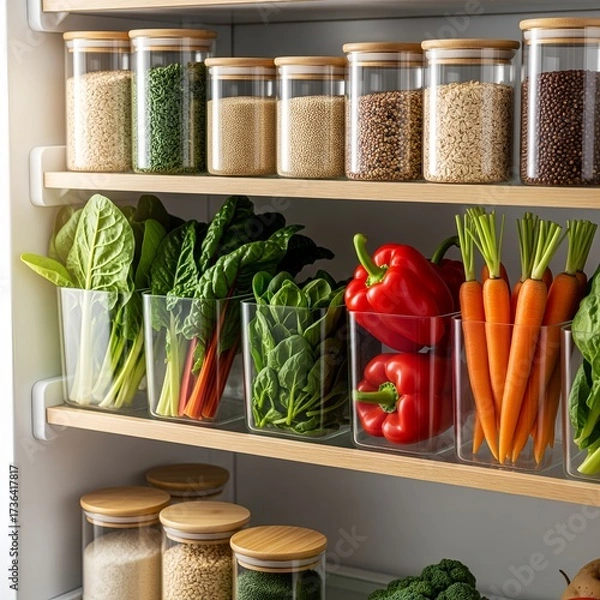 Obraz Organized refrigerator shelf with fresh vegetables and organic grains stored in glass jars. Colorful red bell peppers, carrots, spinach,