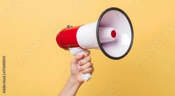 Obraz Hand holding a red and white megaphone on yellow background.