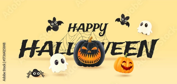 Fototapeta Halloween background with 3d ghost, Jack O Lantern pumpkin, bats. Greeting card for party and sale.