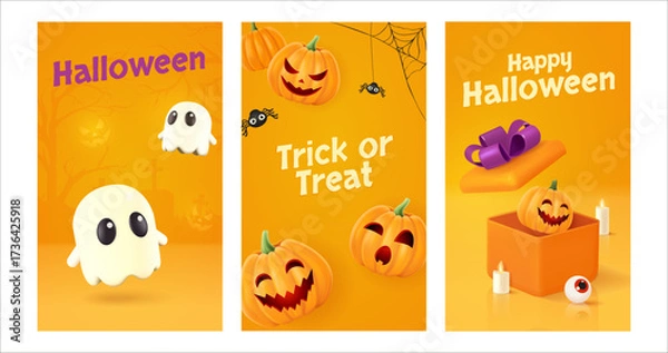 Obraz Halloween banner template set with 3d ghost, Jack O Lantern pumpkin, spiders and 3d gift box. Greeting card for party and sale.