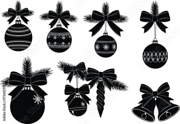 Fototapeta Elegant black silhouette Christmas ornaments, festive holiday baubles, decorative bows, pine branches and bells vector illustration for seasonal design projects.