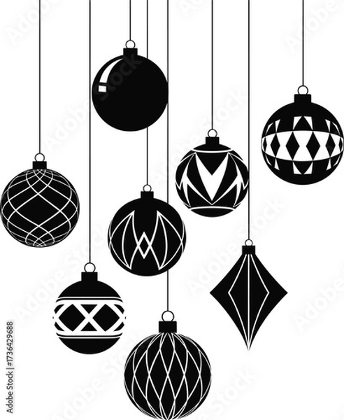 Obraz Elegant Christmas hanging baubles vector set with geometric patterns, festive holiday ornaments, black silhouette decoration for seasonal celebration design.