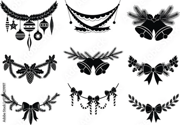Fototapeta Set of black Christmas garland silhouette elements — festive holiday ornaments with bows, bells, pine branches and decorative vector design